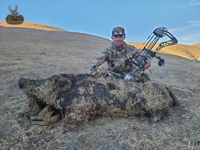 Bowhunter with a Central Coast wild boar taken spot-and-stalk