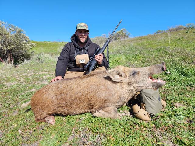 Hunter with a Central Coast wild pig taken on a guided rifle hunt