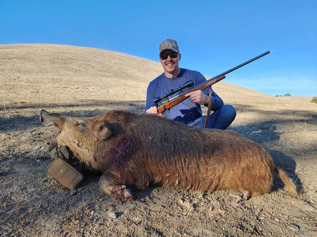 Hunter with a Central Coast wild pig taken on a guided rifle hunt