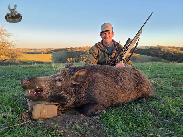 Hunter with a Central Coast wild pig taken on a guided rifle hunt